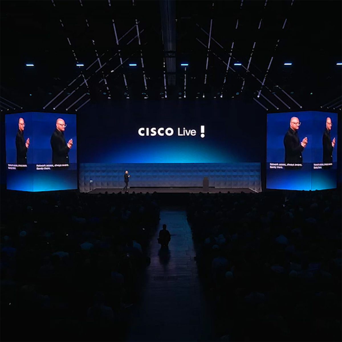 The audience and speaker at the 2025 Cisco Live Keynote event.